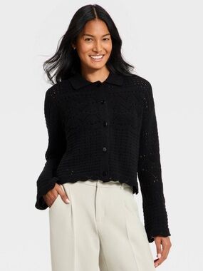 A New Day Black Collared Crochet Cardigan Western Size XL NWT